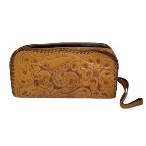 Vintage 1960s Hand Tooled Leather Western Wristlet Clutch Handbag Zip Closure